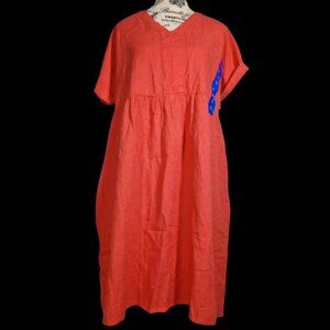 NWOT Womens Briggs Coral Linen Dress V-Neck Short Sleeve Pockets L Knee Length
